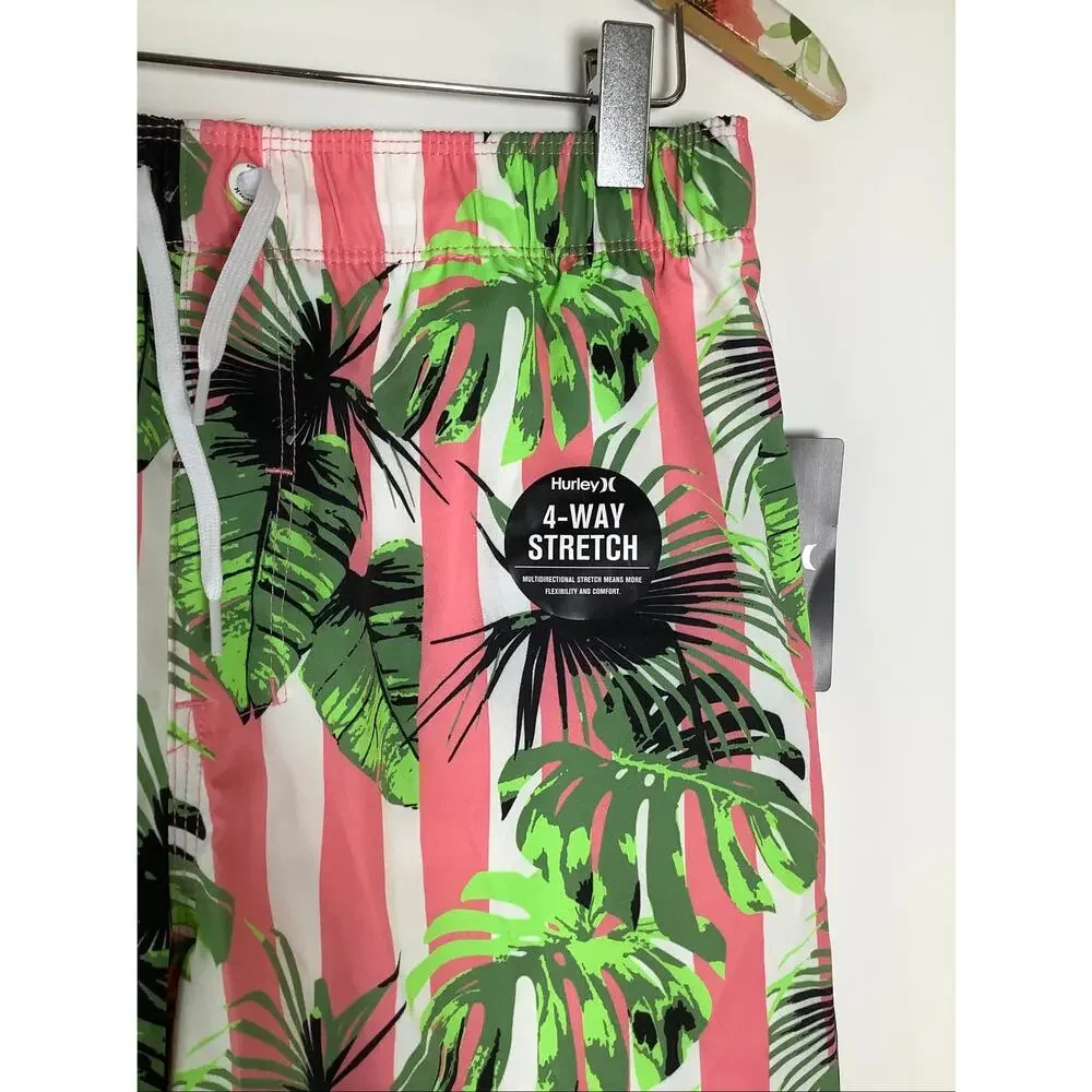 Hurley Boys Large Sunset Coral Cabana Stripe Pull On Swim Trunks Tropical V4-2